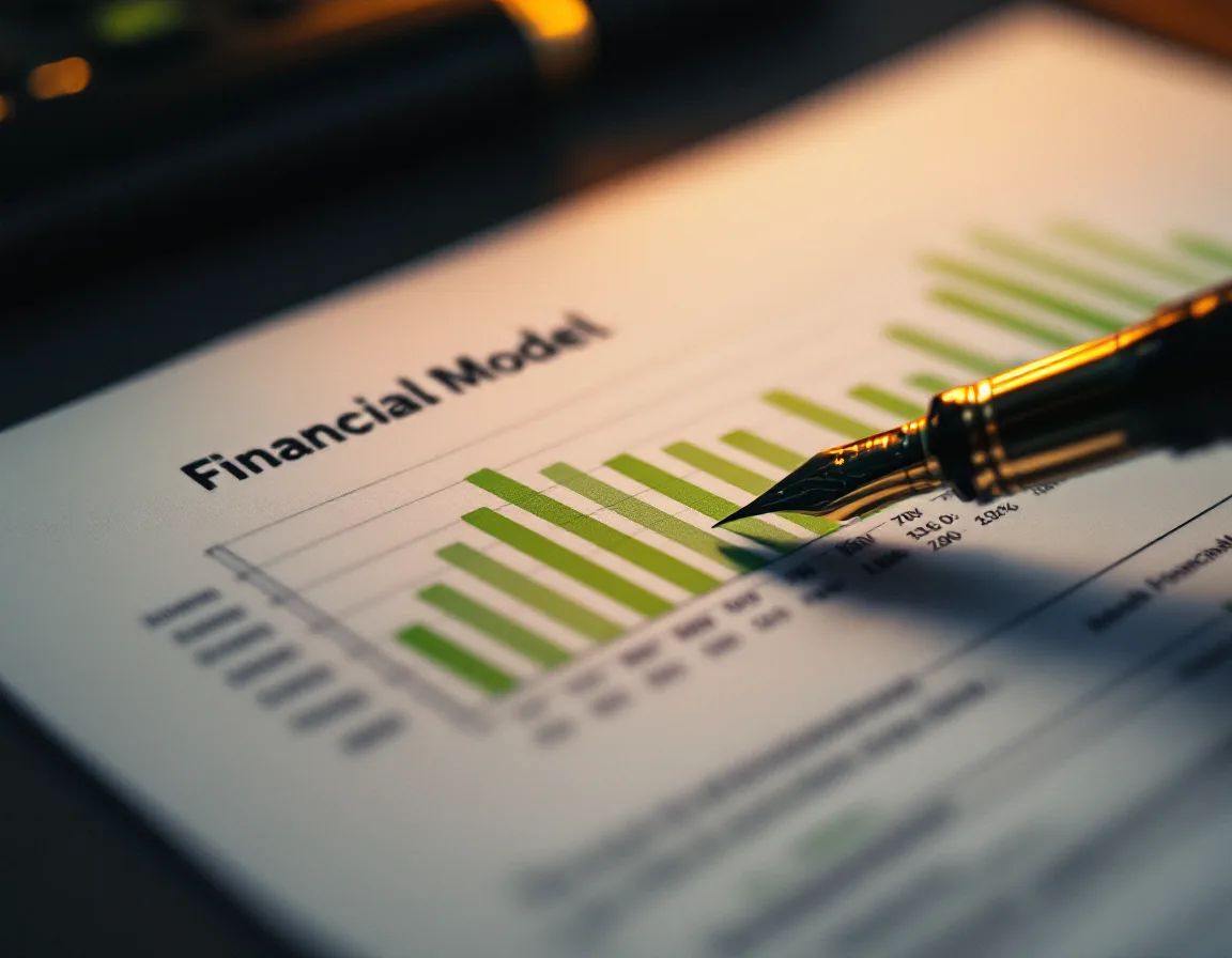 A printed financial model marked up in green ink